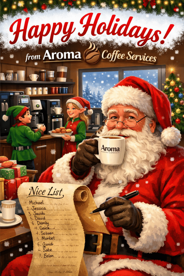 Happy holidays from aroma coffee services image of Santa drinking hot cocoa in his workshop checking his list with elves behind him